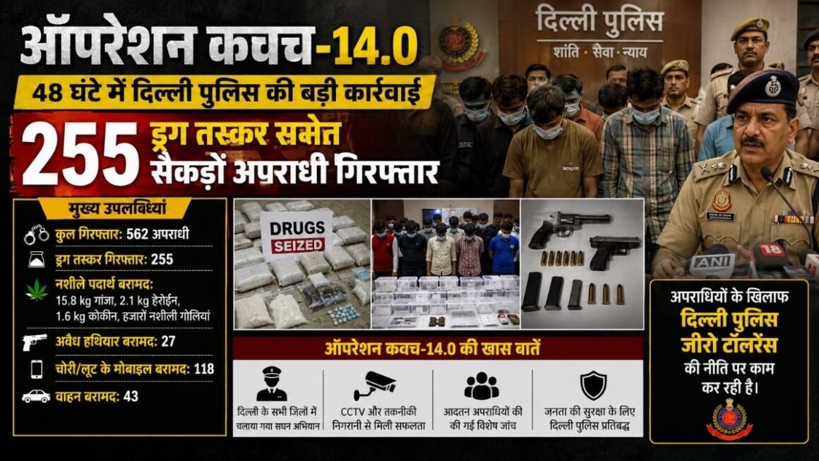 Operation Kavach 14.0: दिल्ली पुलिस का 48 घंटे का महाअभियान, 255 ड्रग तस्कर गिरफ्तार, करोड़ों का नशा और सैकड़ों अवैध हथियार बरामद